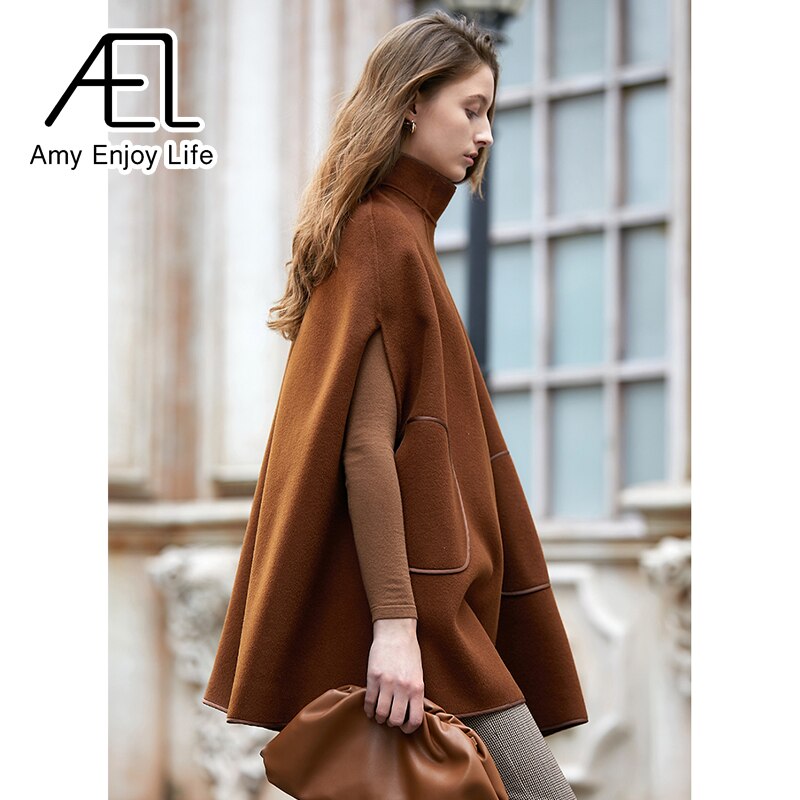 Cape poncho en laine, longue et ample, auburn