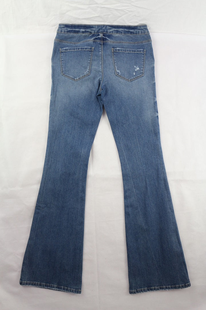 Jean flare femme bleu brodé perles lacet taille 38 archive fashion 6