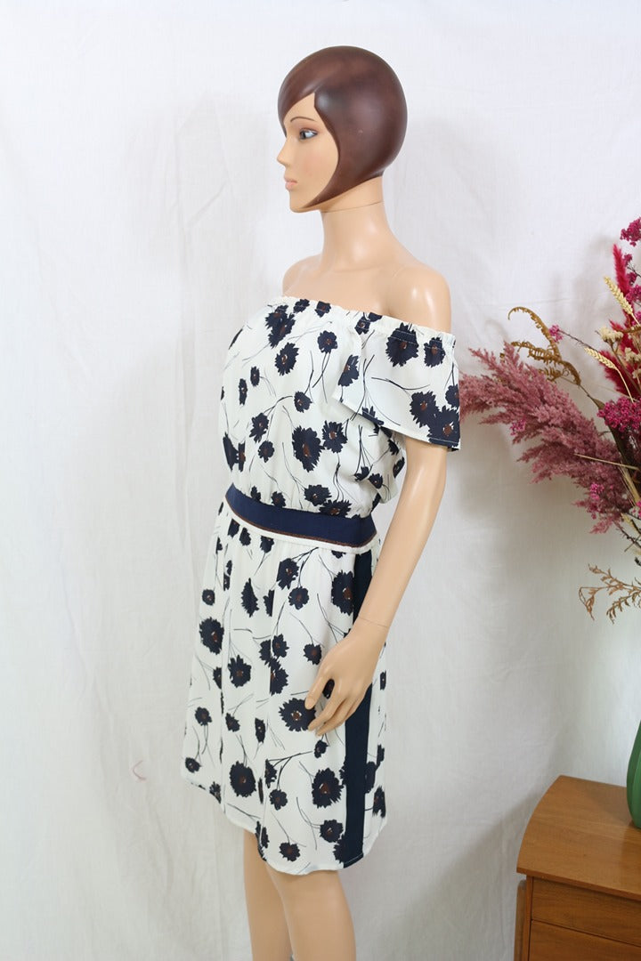 Robe midi Marie Méro blanc bleu motif floral col bateau T36 8
