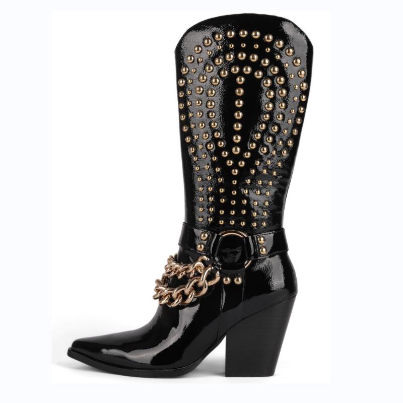Bottes western punk à talon épais, rivets et boucle, noir verni 5