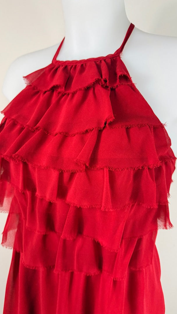 Robe Naf Naf 100% soie rouge volants dos croisé 38 3