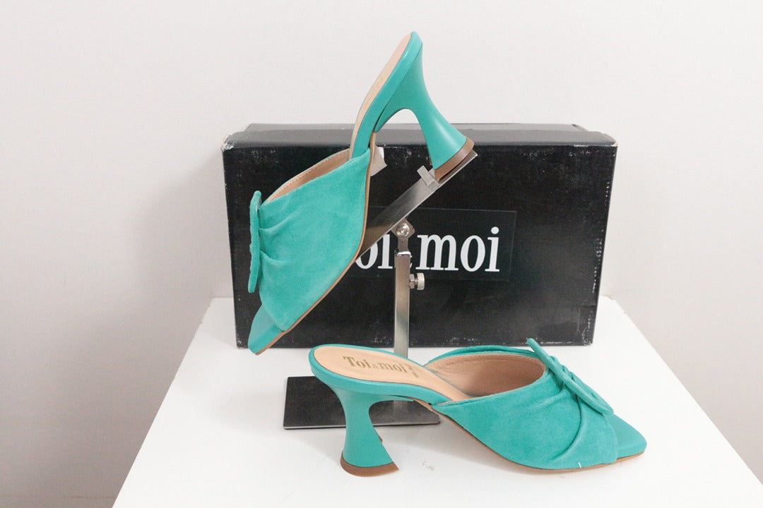 Mules à talon Toi & moi en cuir daim turquoise taille 36 6