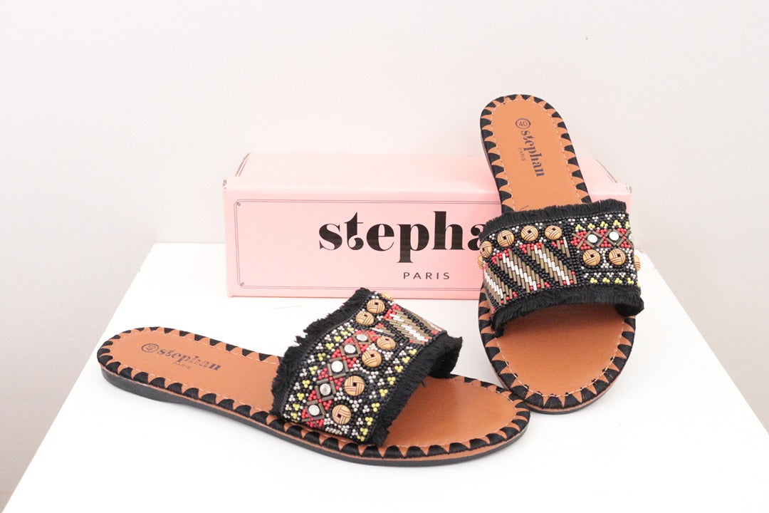 Sandales plates Stephan perles ethniques noir taille 40 1