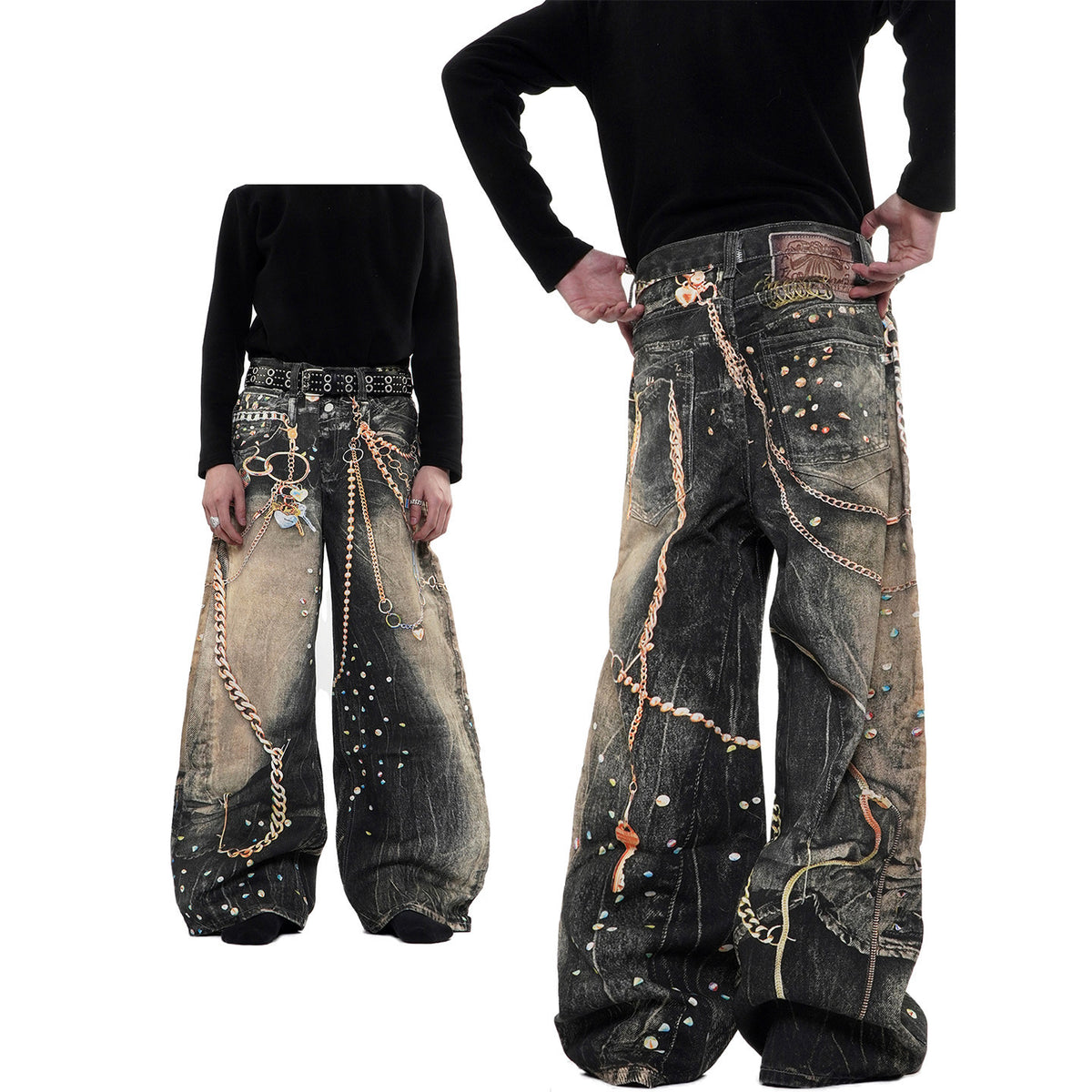Pantalon en denim épais imprimé streetwear avec chaîne, coupe droite, unisexe 7