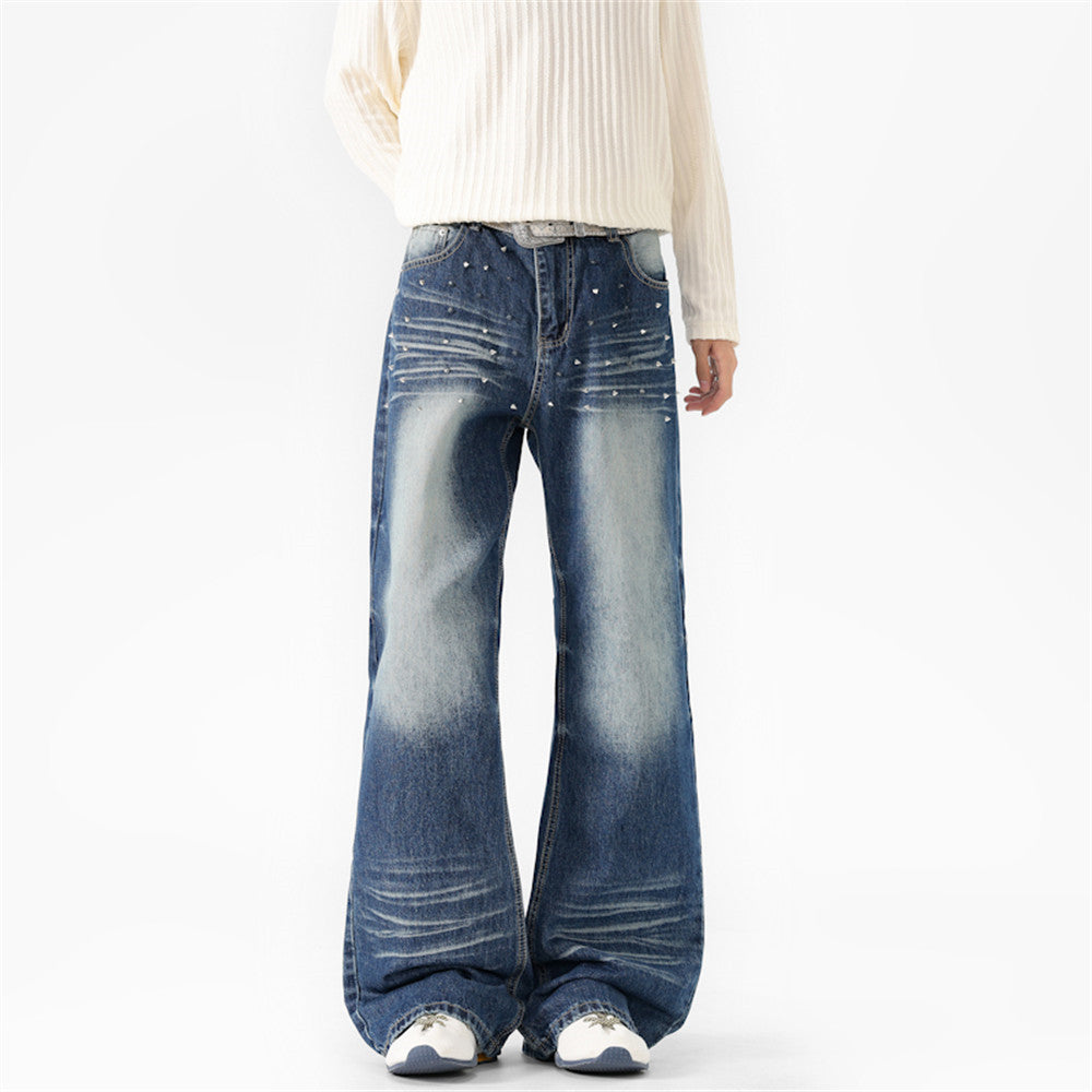 Pantalon évasé en denim délavé pour homme, rivets vintage et jambes larges plissées 11