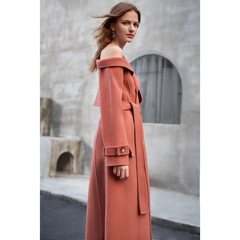 Manteau en laine à double boutonnage et épaule asymétrique pour femme, rouge corail 7