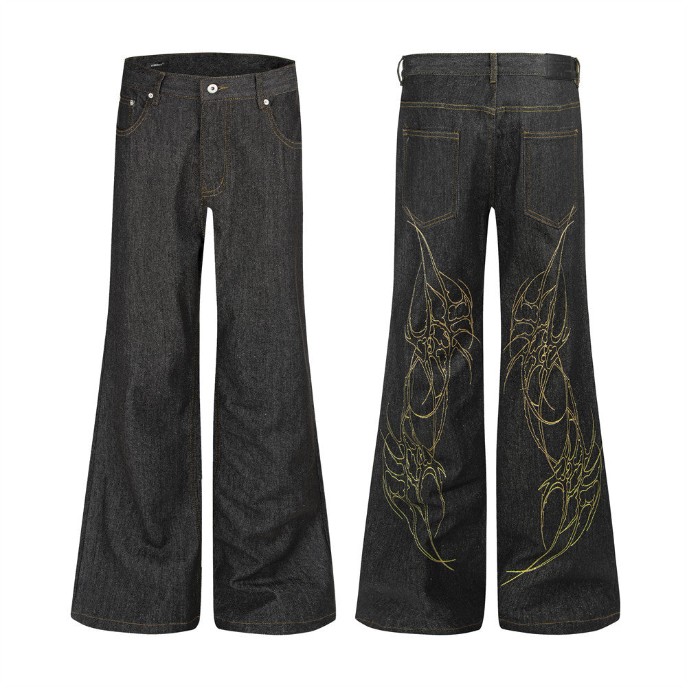 Jean évasé en denim brut brodé de fleurs pour homme, pantalon large style street 8