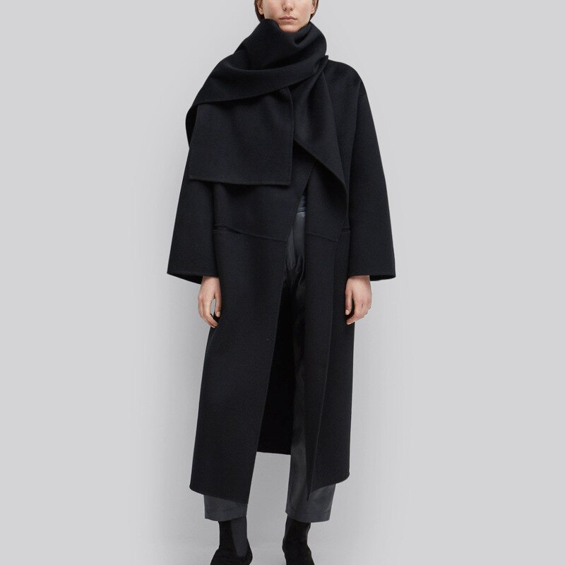 Manteau long en laine et cachemire pour femme, coupe droite, col à revers, noir ou gris 3