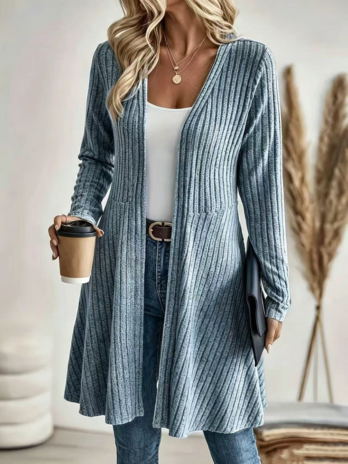 Long gilet en maille côtelée sans col, coupe décontractée, pour femme 6