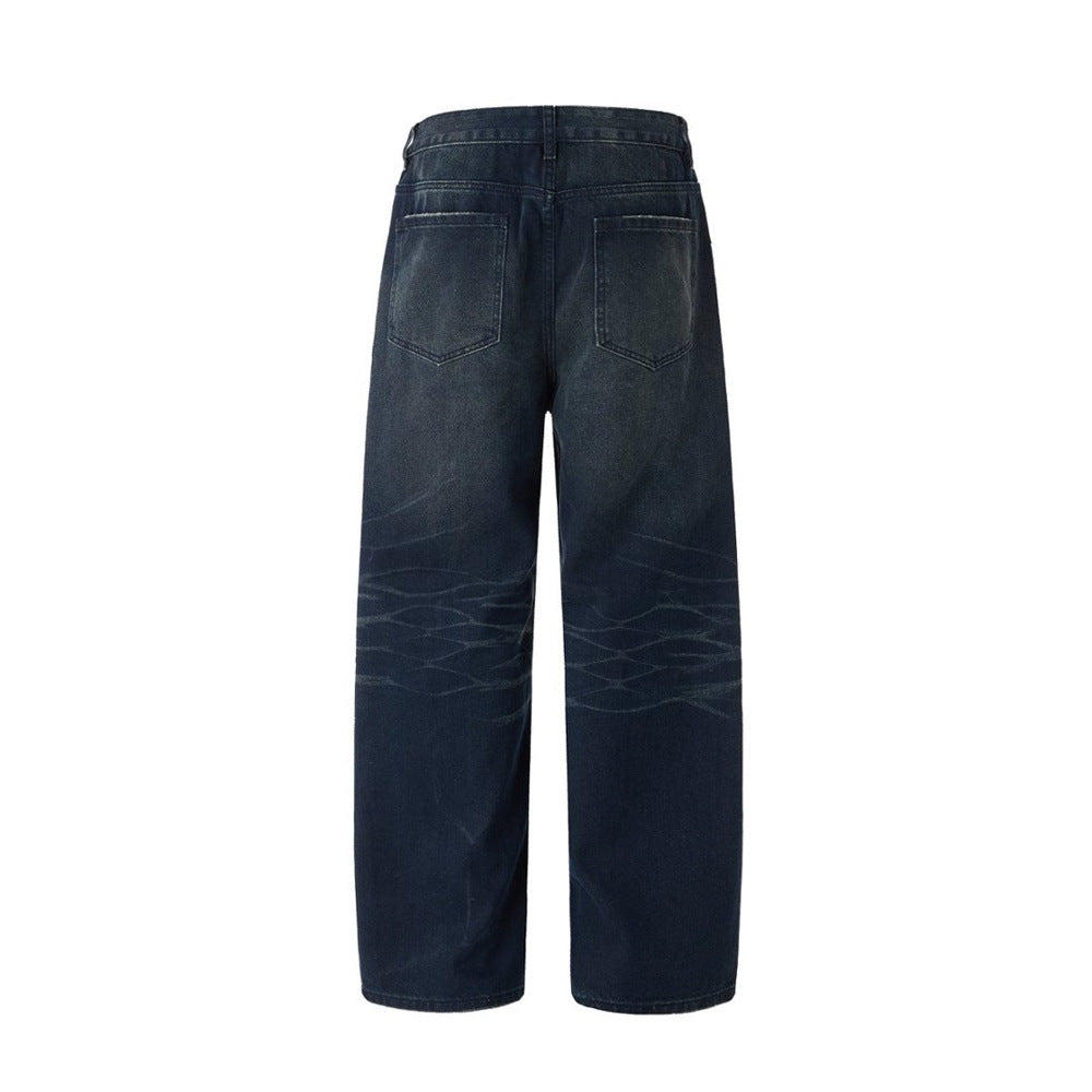Jean streetwear pour homme avec patchs usés, coupe ample droite délavée style grunge 12