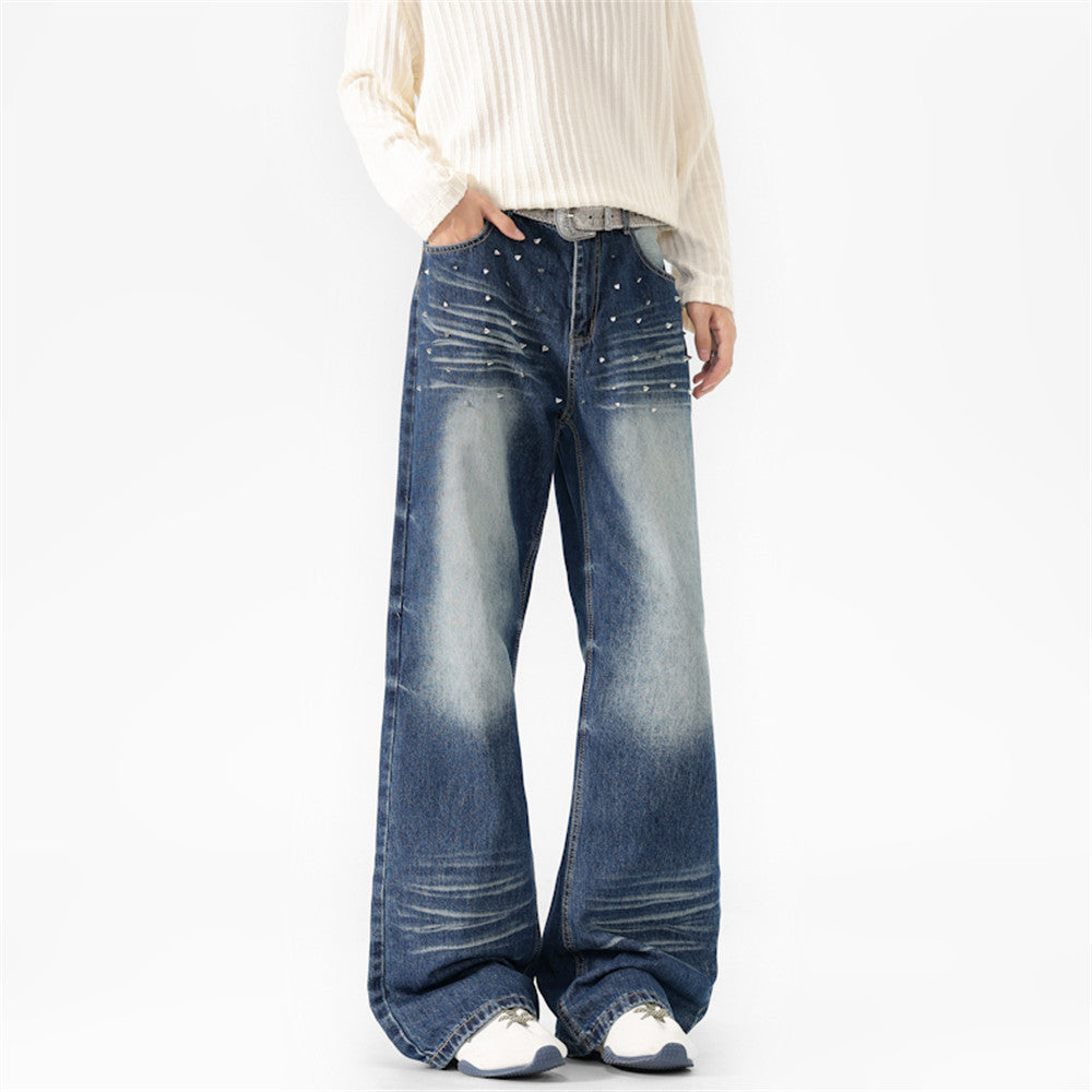 Pantalon évasé en denim délavé pour homme, rivets vintage et jambes larges plissées 12