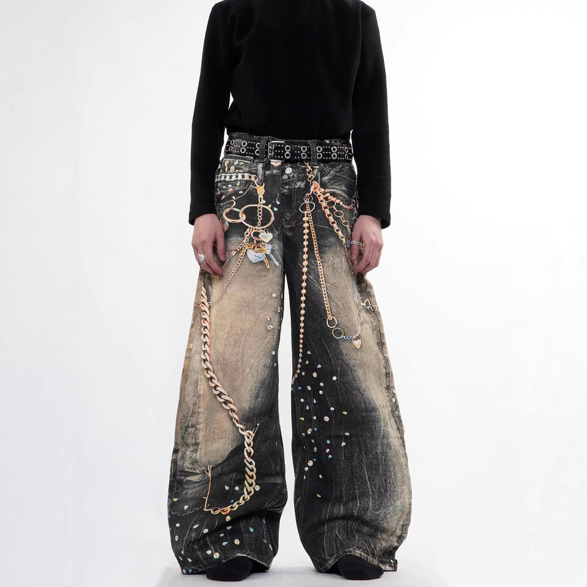Pantalon en denim épais imprimé streetwear avec chaîne, coupe droite, unisexe 6