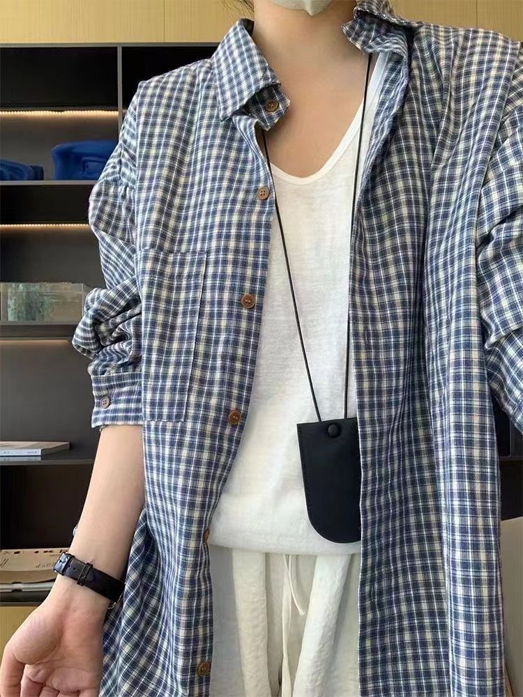 Chemise carreaux bleus manches longues coupe ample femme – photo 11 – Frippin'Dealz