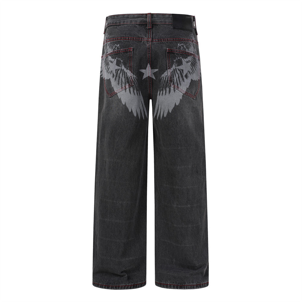 Jean droit délavé effet usé pour homme, imprimé ailes, style street 10