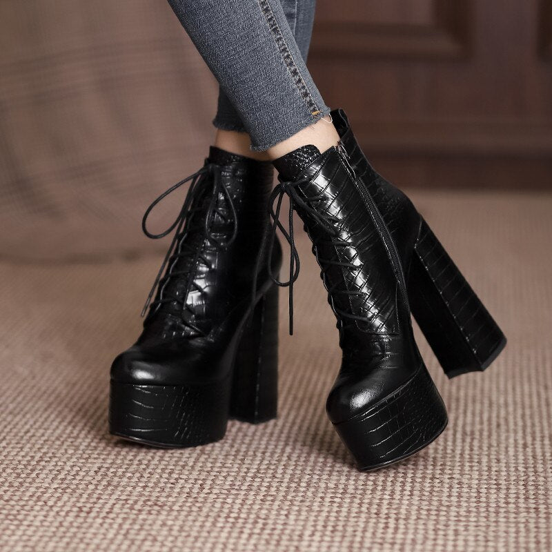 Bottines en cuir à talon haut de 14,5 cm et plateforme, lacets croisés, pour femme 6