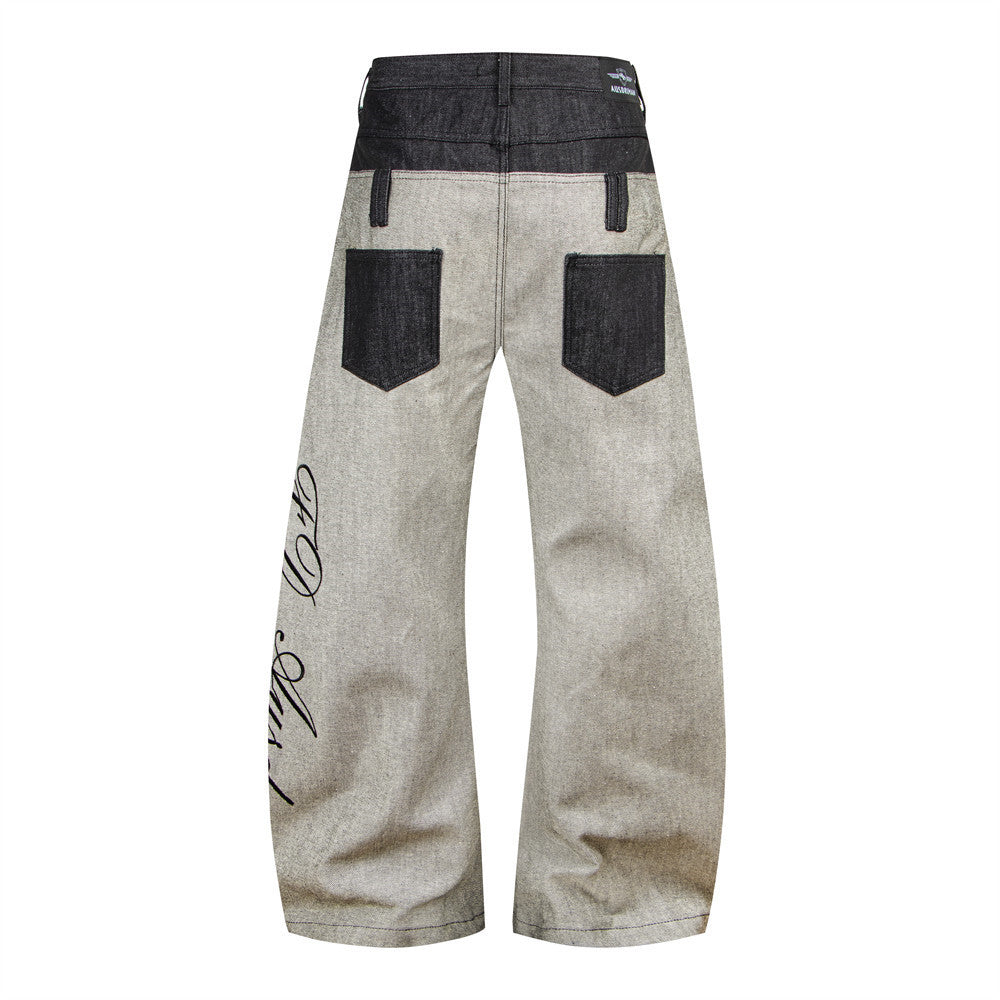 Jean sabre pour homme, ceinture à empiècements, broderie cursive et poches contrastées 11