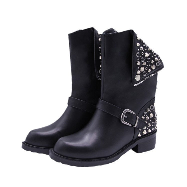 Bottes punk à rivets en simili cuir, noir