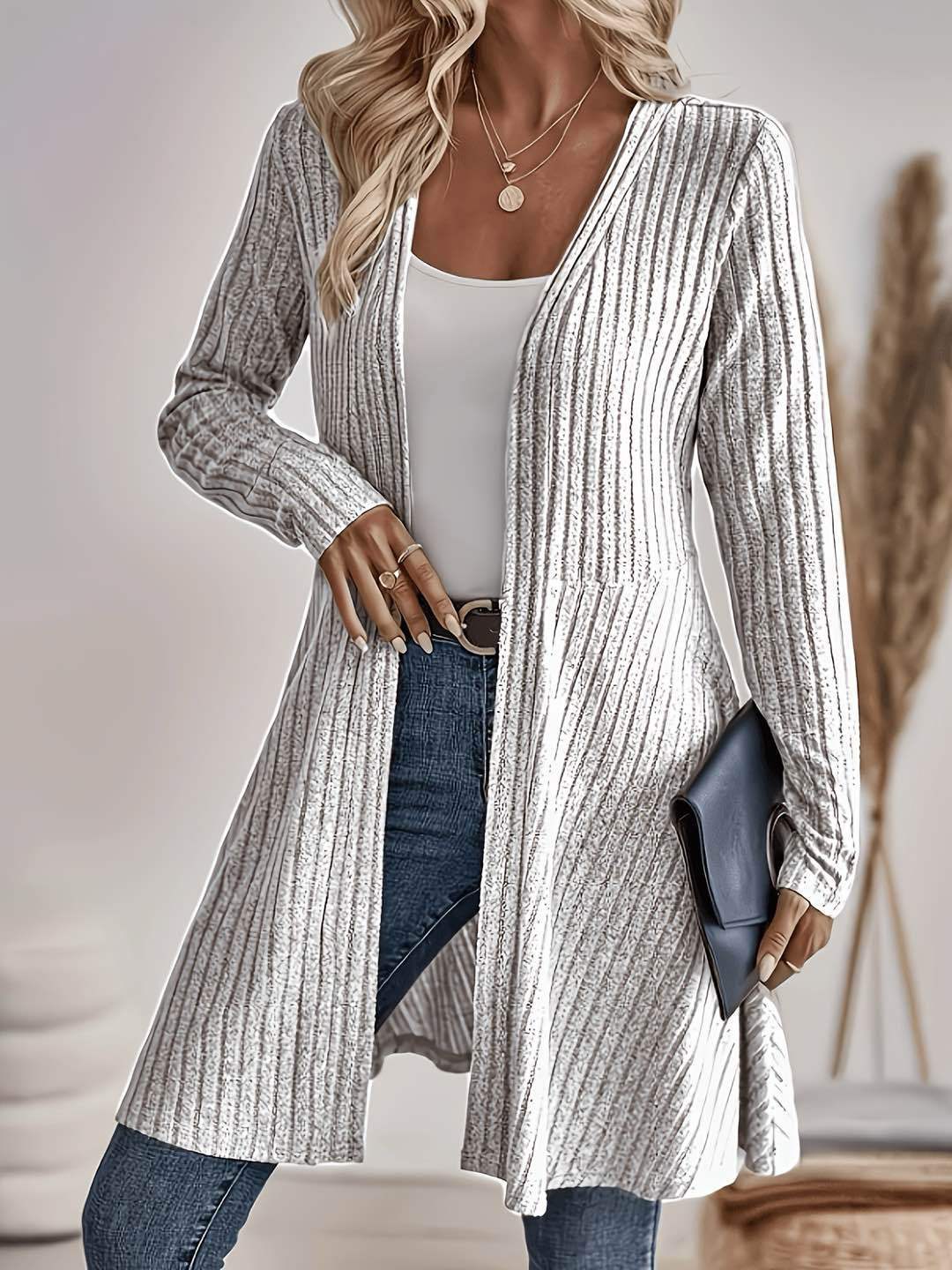 Long gilet maille côtelée sans col femme – photo 10 – Frippin'Dealz
