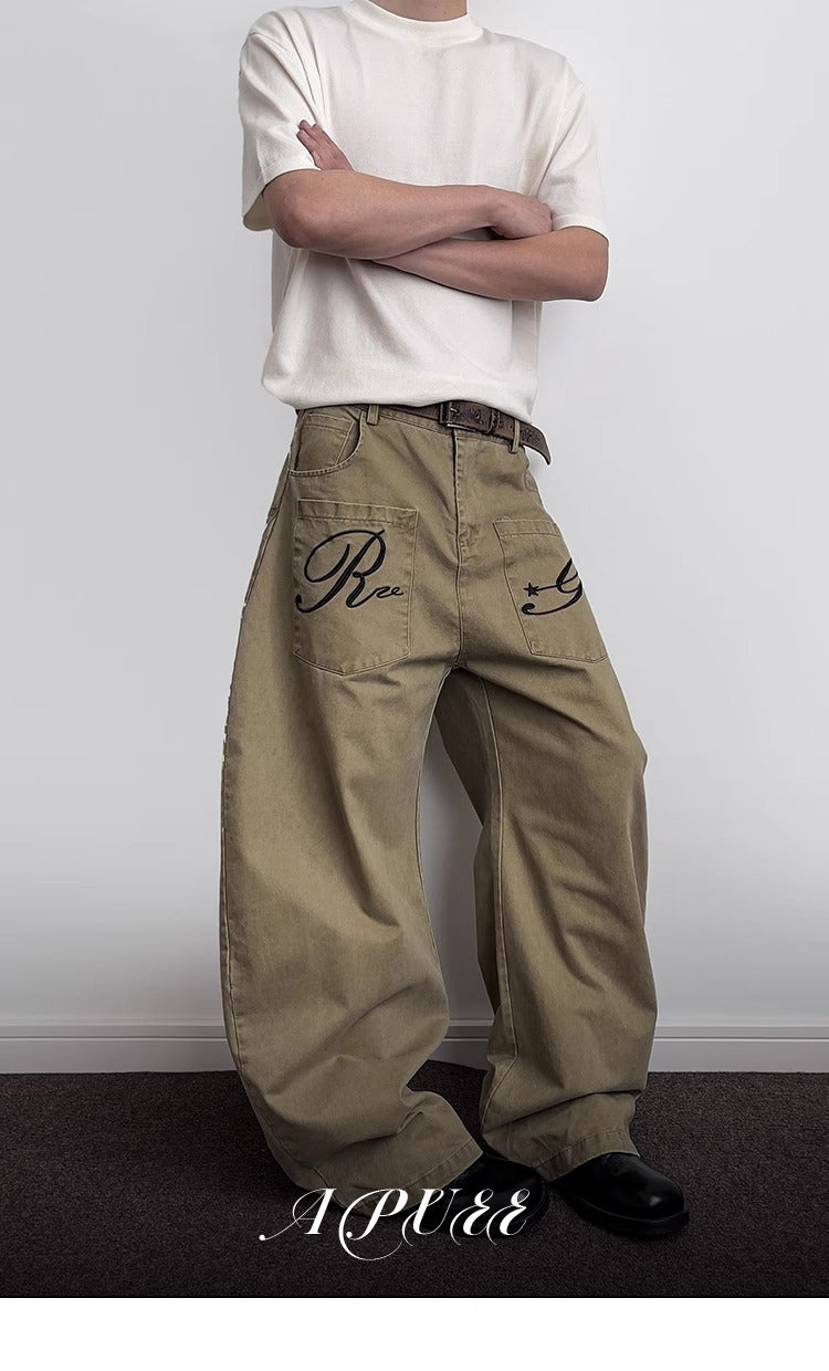 Pantalon cargo en denim rétro brodé de lettres pour homme, coupe droite déstructurée légèrement évasée 8