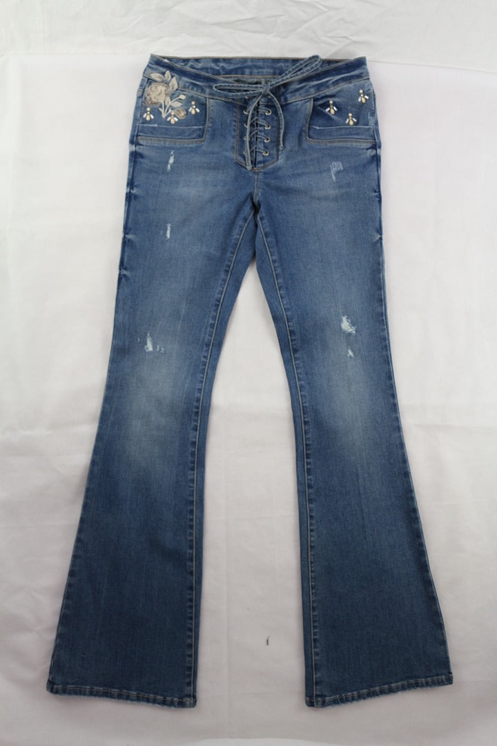 Jean flare femme bleu brodé perles lacet taille 38 archive fashion 4