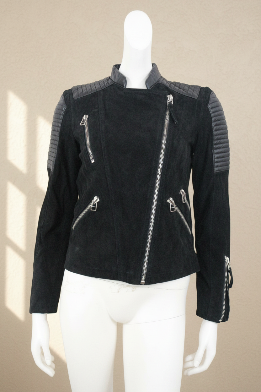 Mango Blouson Cuir, Daim Noir S  Très bon état