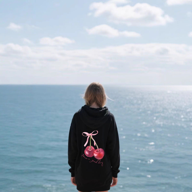Sweat à capuche unisexe ample imprimé cerises 5