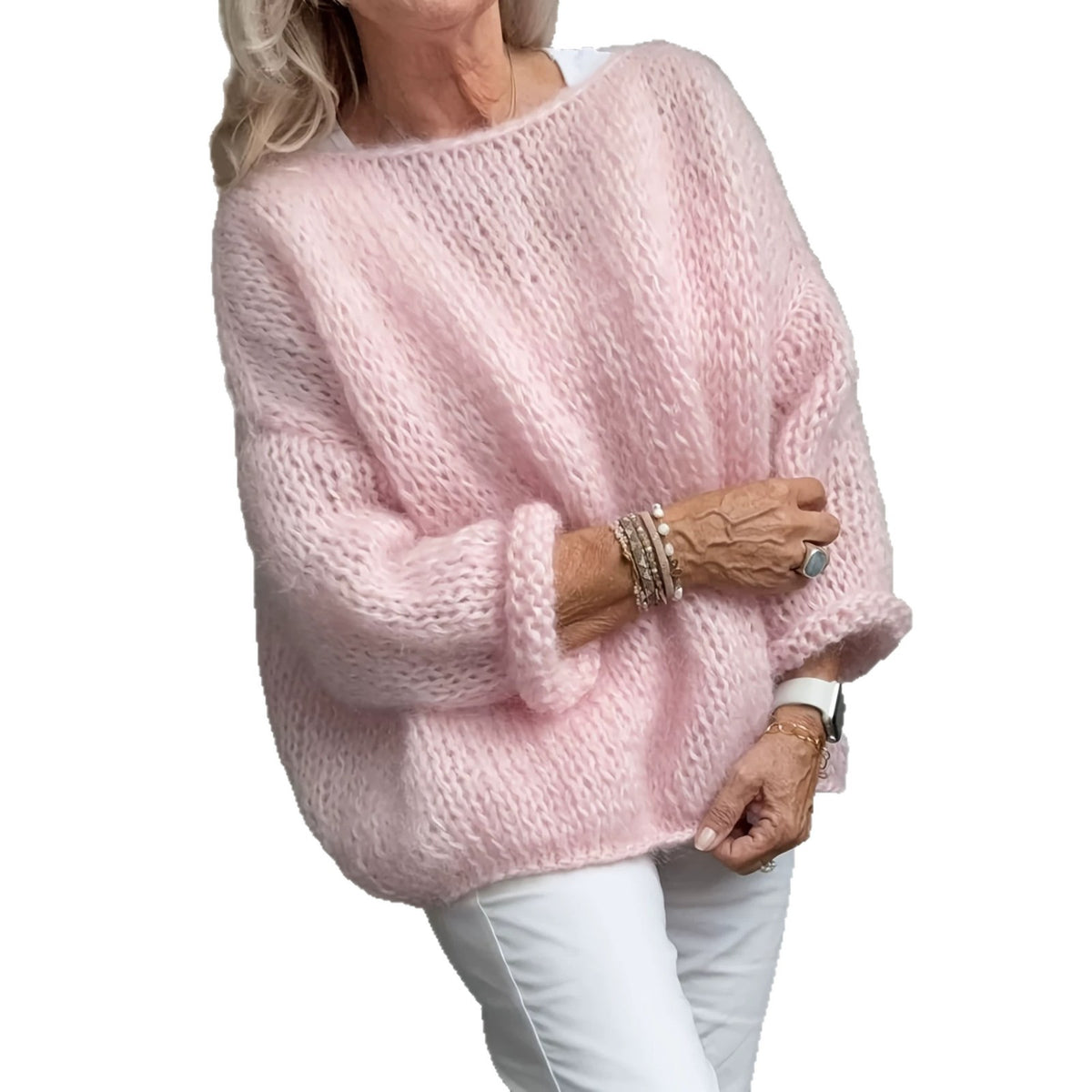 Pull en maille ample à col rond, manches longues, pour femme, rose 5