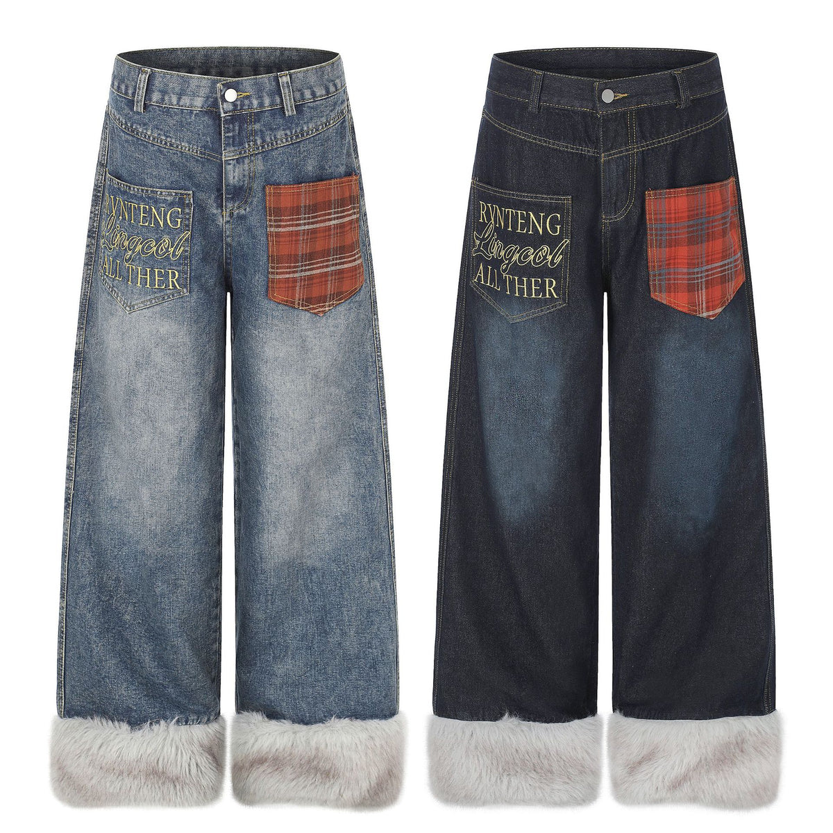 Jean unisexe doublé polaire, patchwork à carreaux, broderie lettres et jambes larges 5