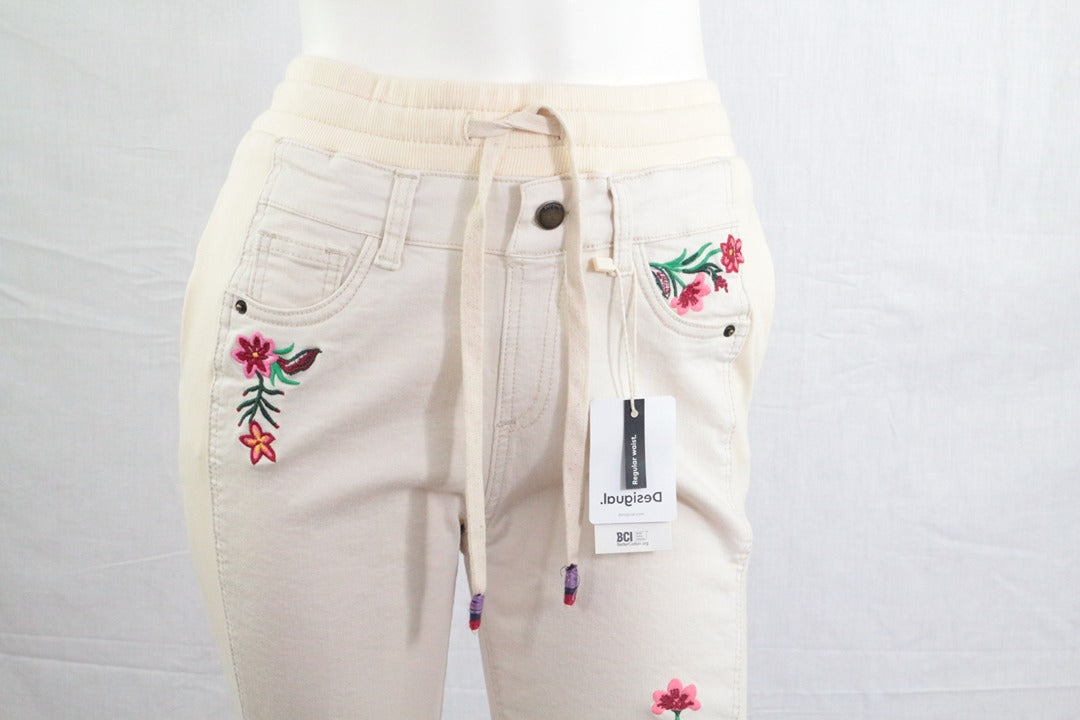 Pantalon jogger Desigual beige brodé fleurs taille Xs neuf 2