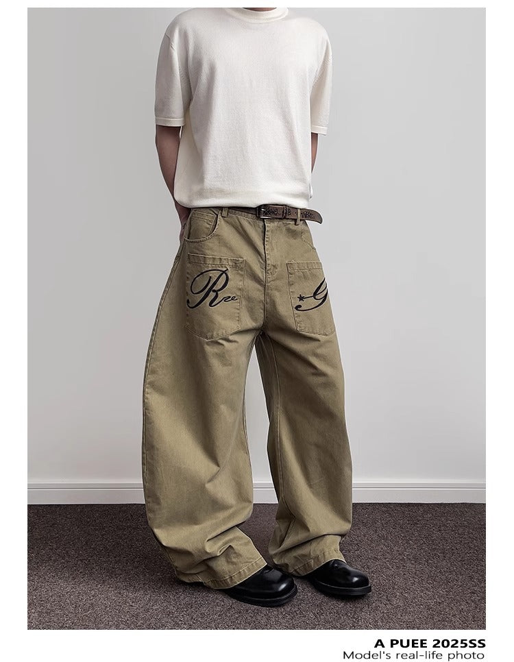 Pantalon cargo en denim rétro brodé de lettres pour homme, coupe droite déstructurée légèrement évasée 17