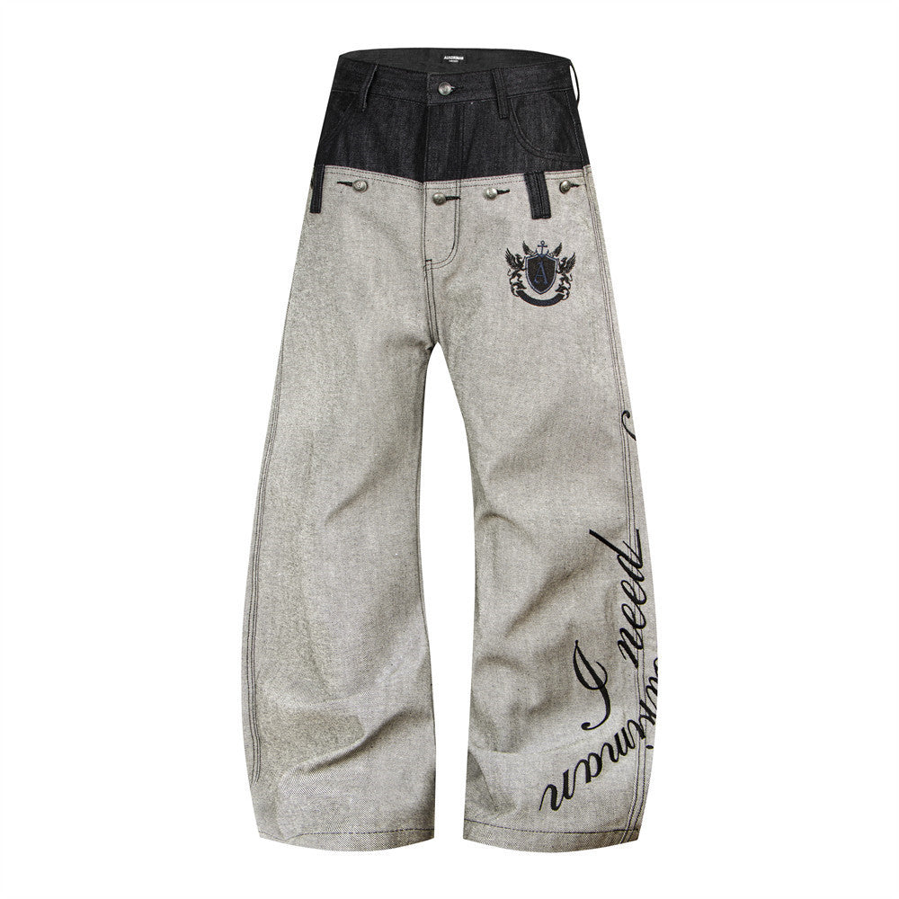 Jean sabre pour homme, ceinture à empiècements, broderie cursive et poches contrastées 10