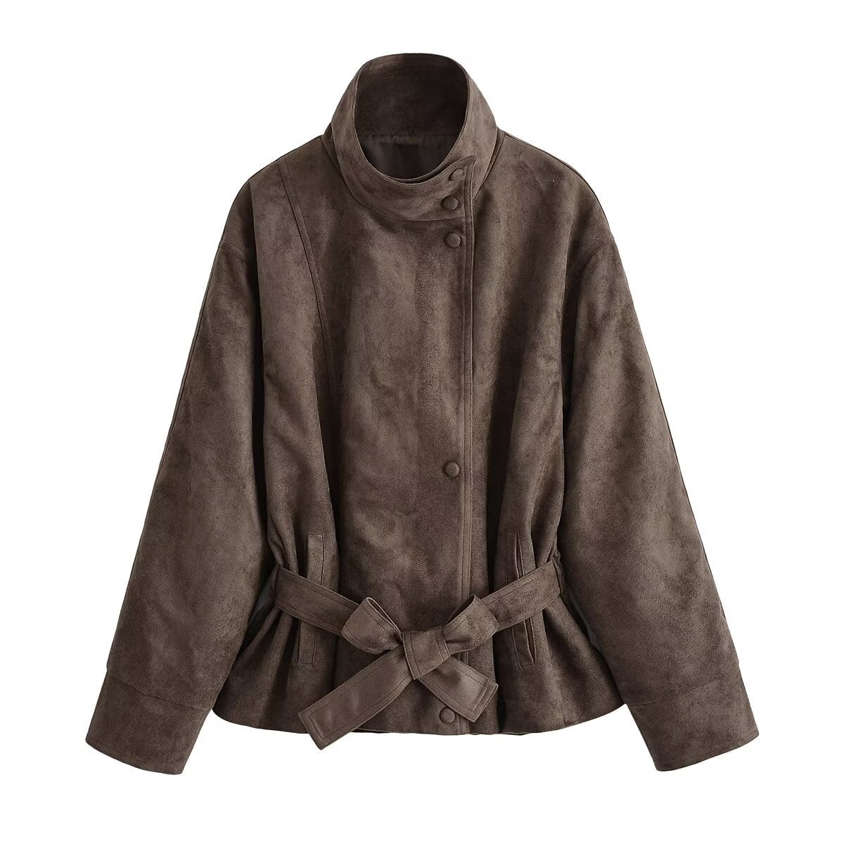 Veste courte effet daim col montant boutonnage simple poches femme – photo 9 – Frippin'Dealz