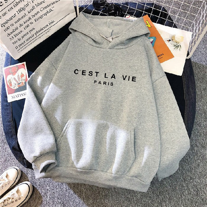 Sweat à capuche pour femme imprimé lettres, doublé polaire, coupe ample, style étudiant décontracté 8