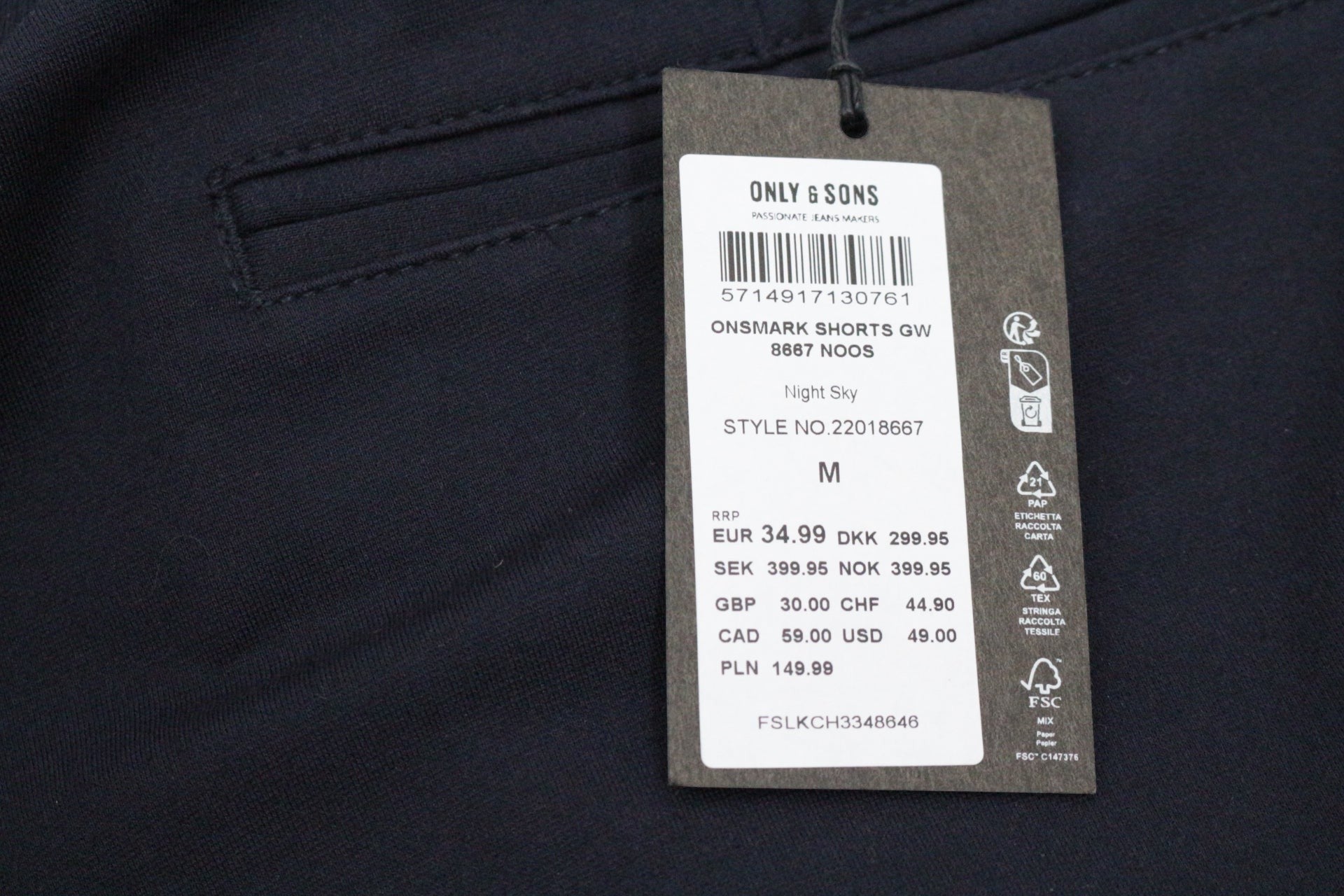 Only & Sons OnsMark Shorts GW Homme M Night Sky Bleu Marine – Short Habillé Stretch Neuf avec Étiquette 9