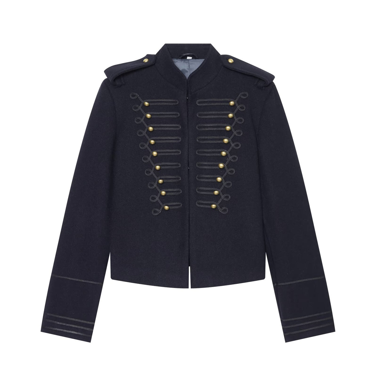 Veste courte à col montant, sangles et boucles décoratives, bleu marine
