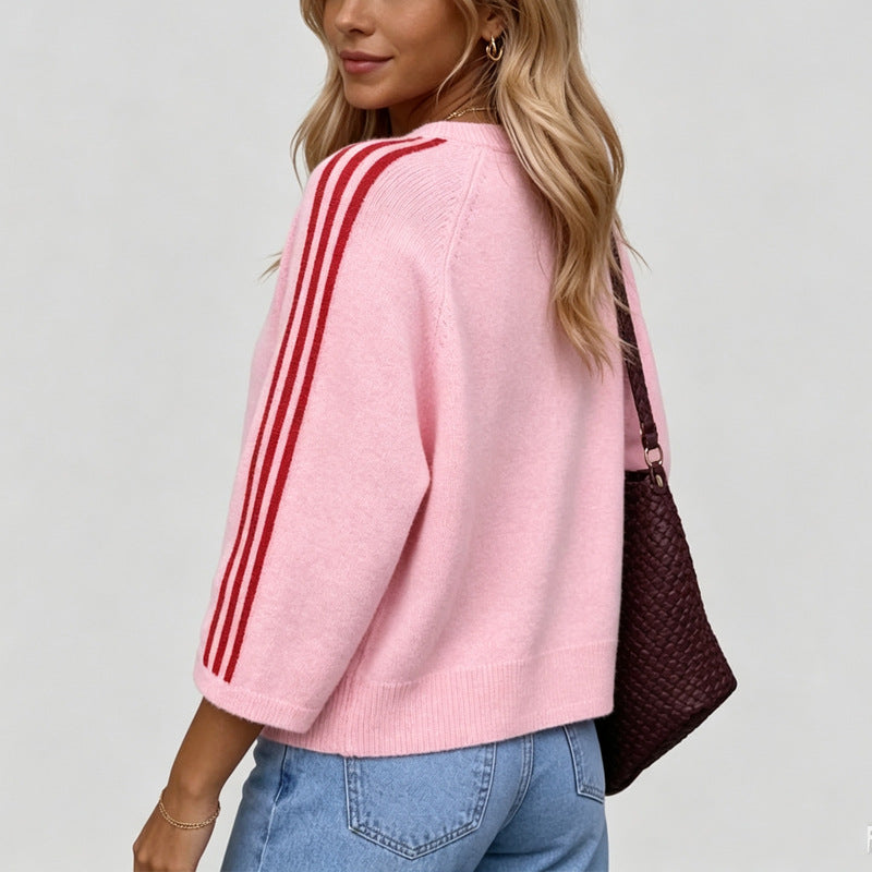 Pull ample à col rond et manches 3/4, color block, 4 coloris