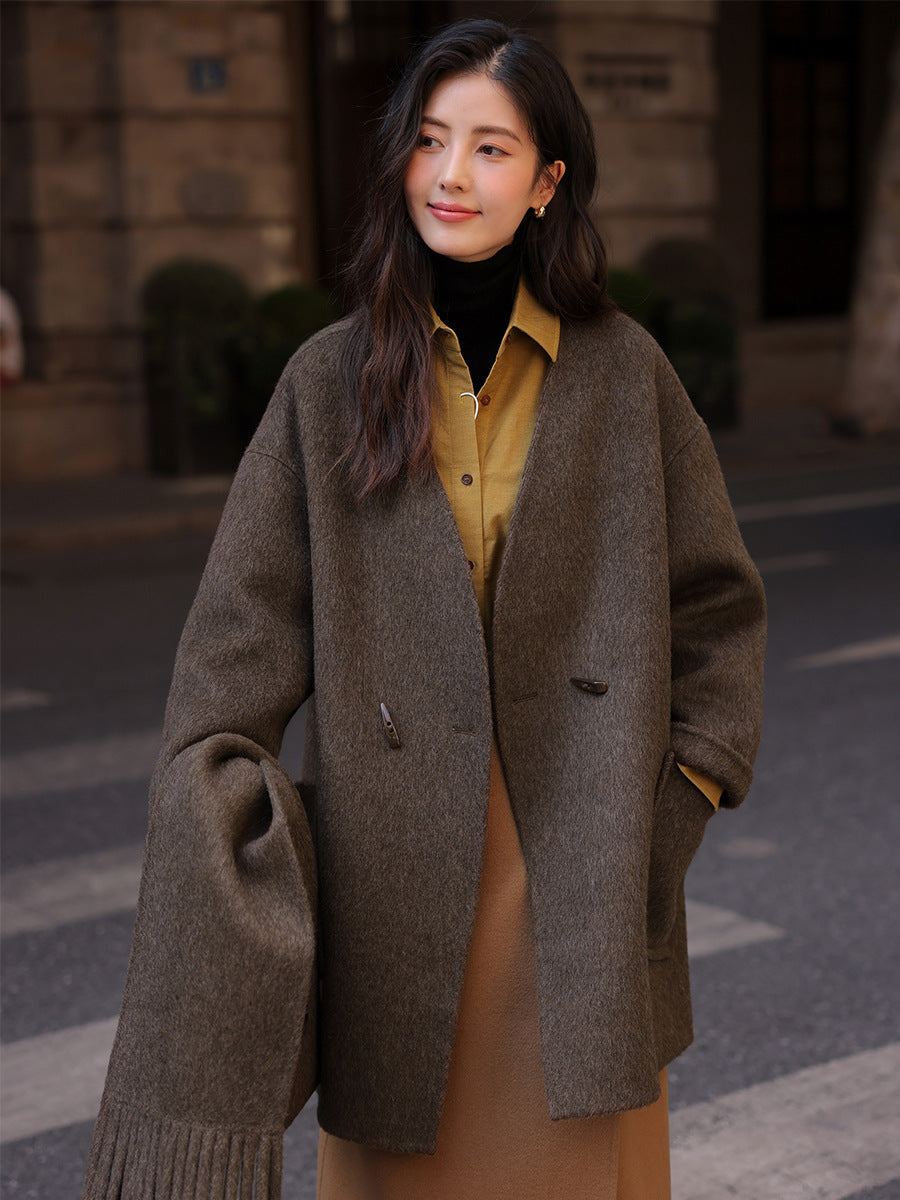 Manteau long laine col écharpe double boutonnage femme – photo 6 – Frippin'Dealz