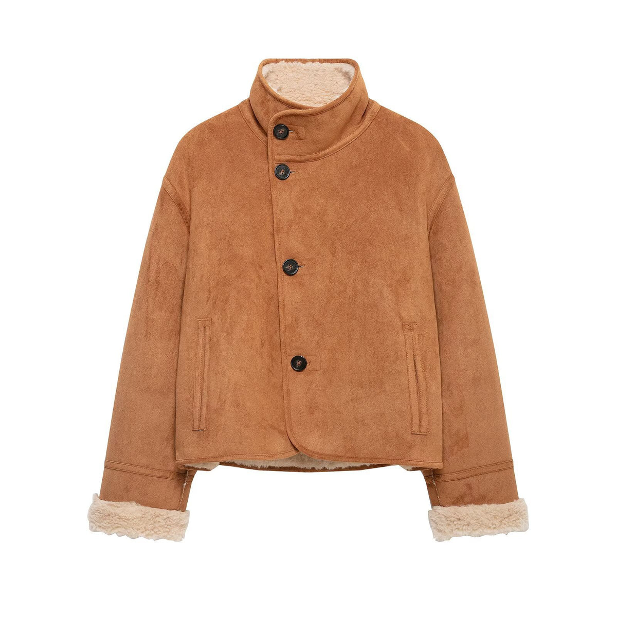 Veste ample à col montant en polaire double face, boutonnage simple, pour femme, marron 4