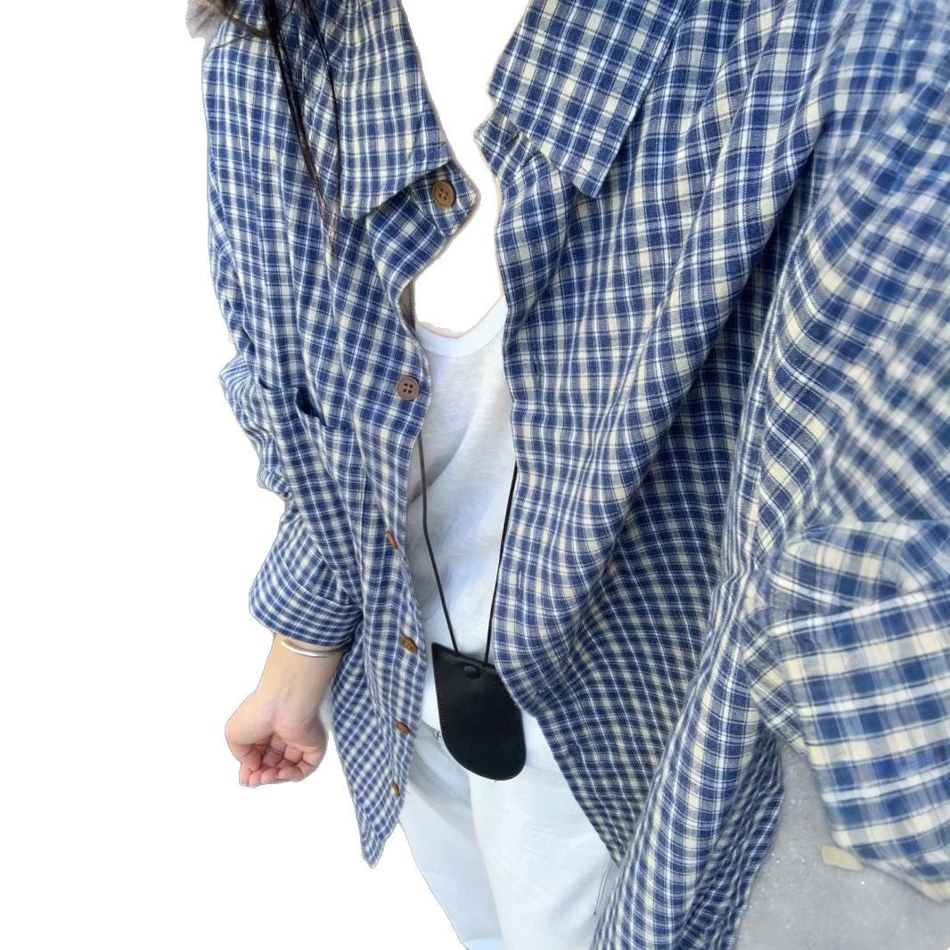 Chemise à carreaux bleus à manches longues, coupe ample, pour femme 6