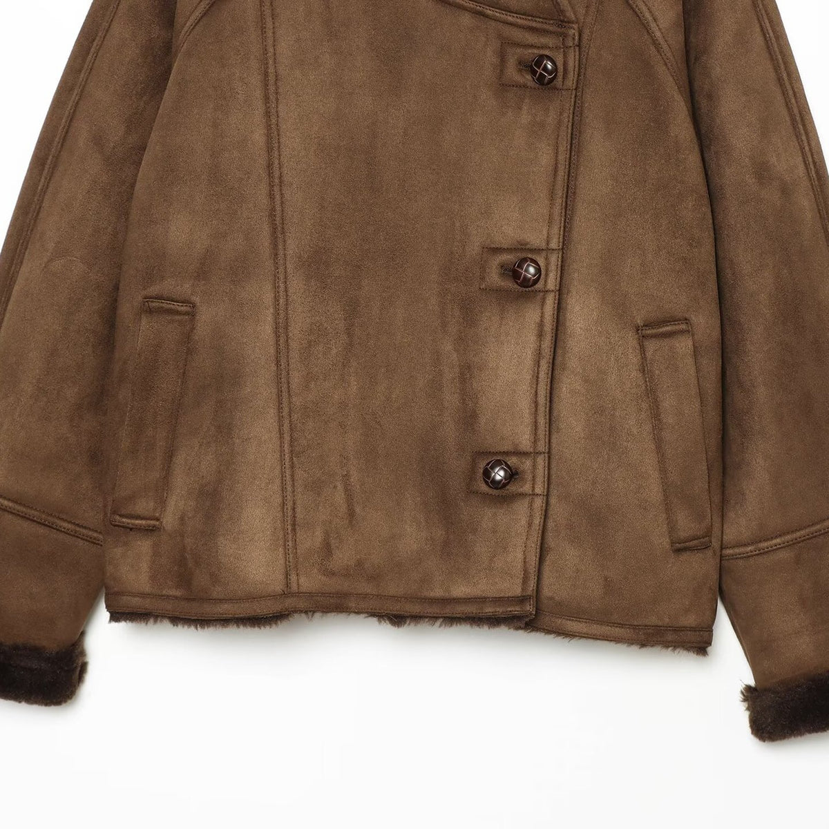 Veste courte à col montant effet fourrure patchwork, manches longues, pour femme, marron 5