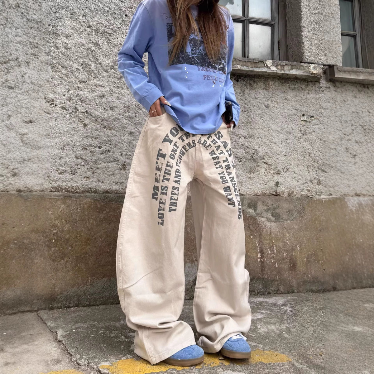 Pantalon large en denim imprimé lettres pour homme et femme, style street décontracté 3