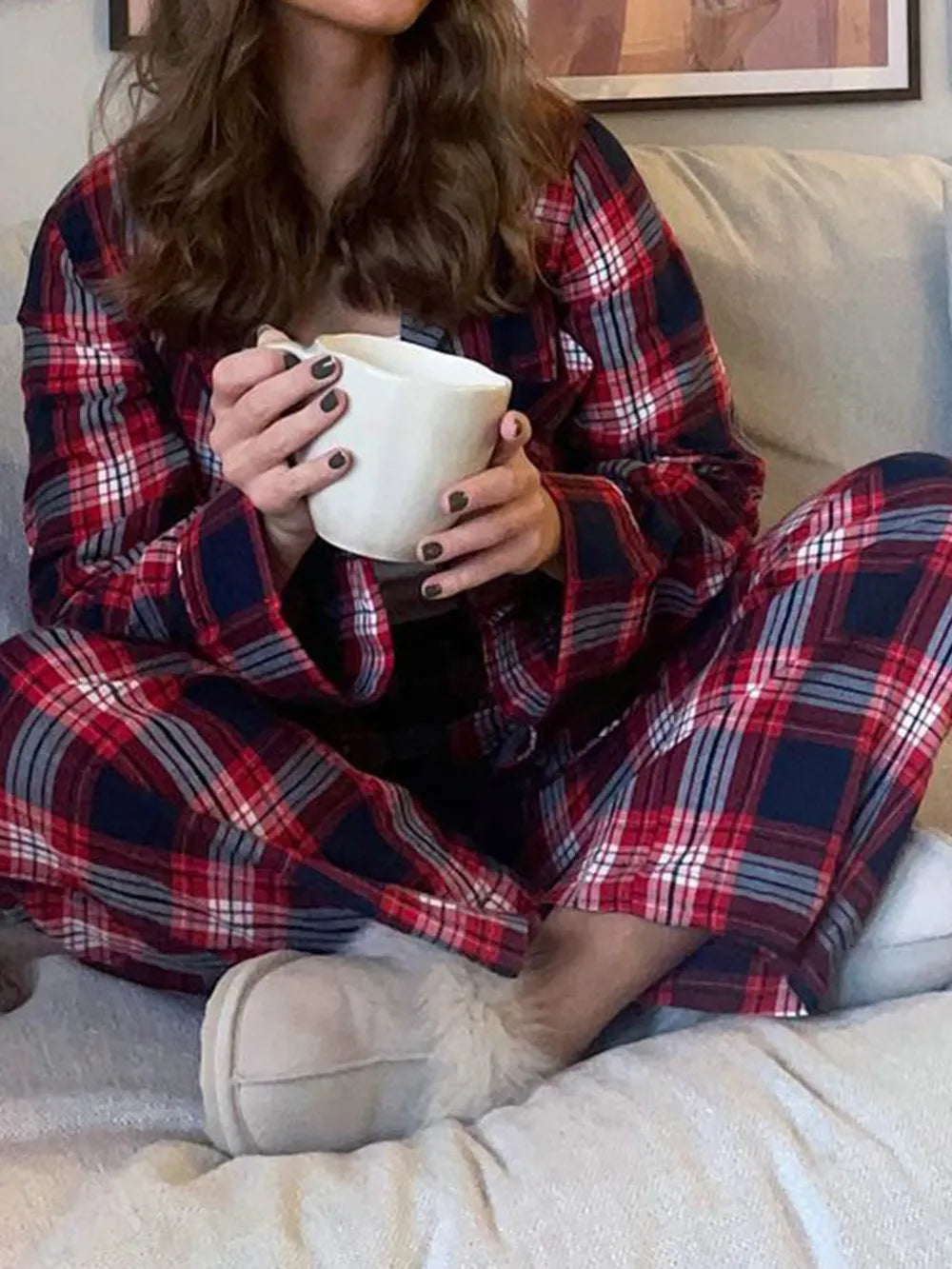 Ensemble de détente à carreaux, haut boutonné à col et pantalon assorti, deux pièces, pour femme, 3 coloris 10