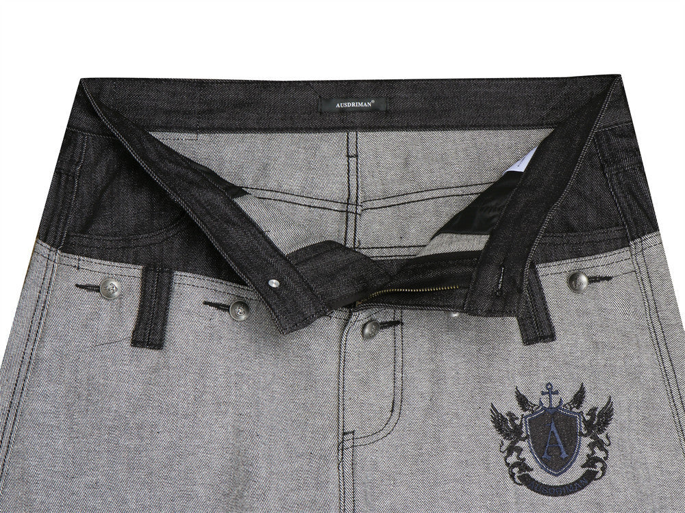 Jean sabre pour homme, ceinture à empiècements, broderie cursive et poches contrastées 15