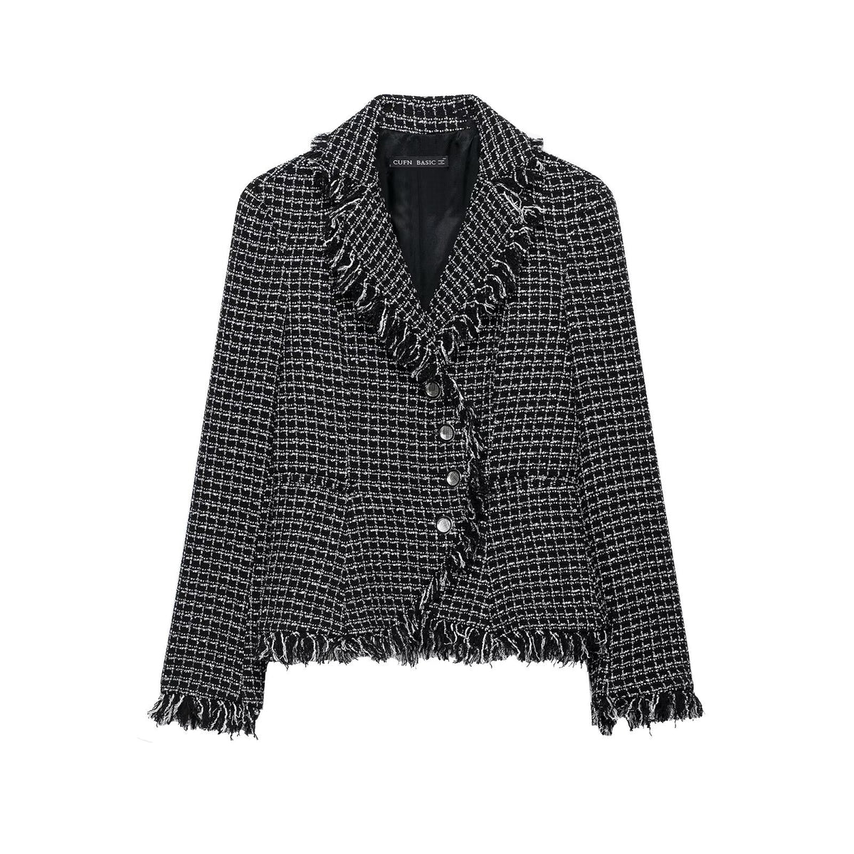 Blazer col montant bords effilochés boutons femme noir – photo 6 – Frippin'Dealz