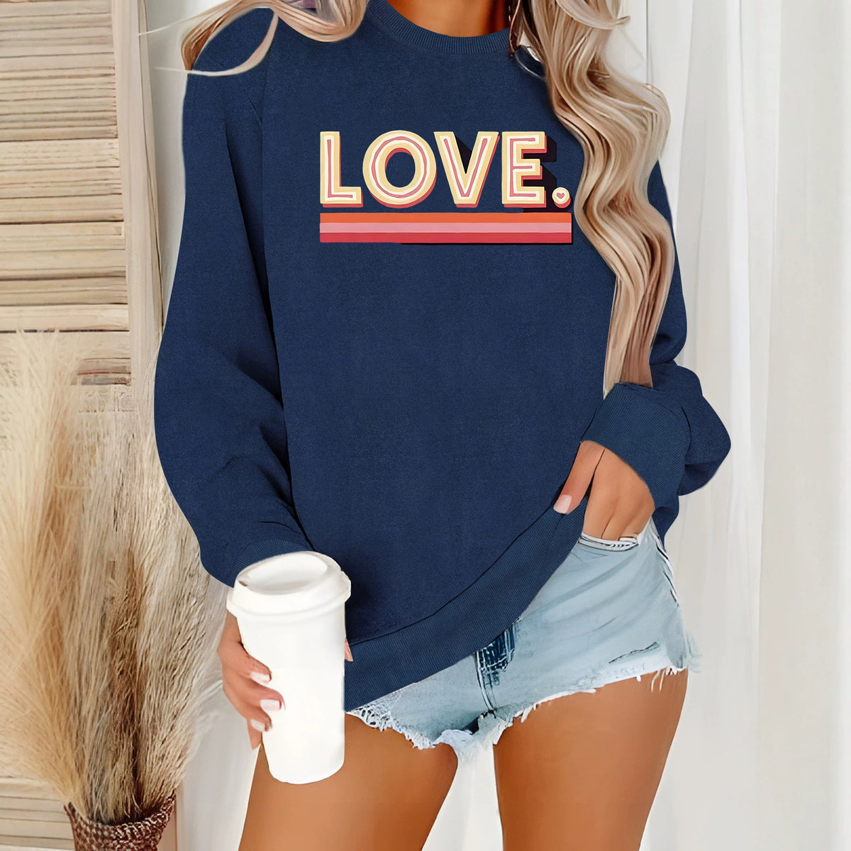Sweat ample à col rond, imprimé transfert thermique, manches lanternes, style urbain, pour femme, 4 coloris 3