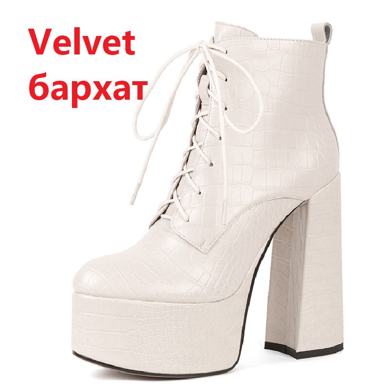 Bottines en cuir à talon haut de 14,5 cm et plateforme, lacets croisés, pour femme 35