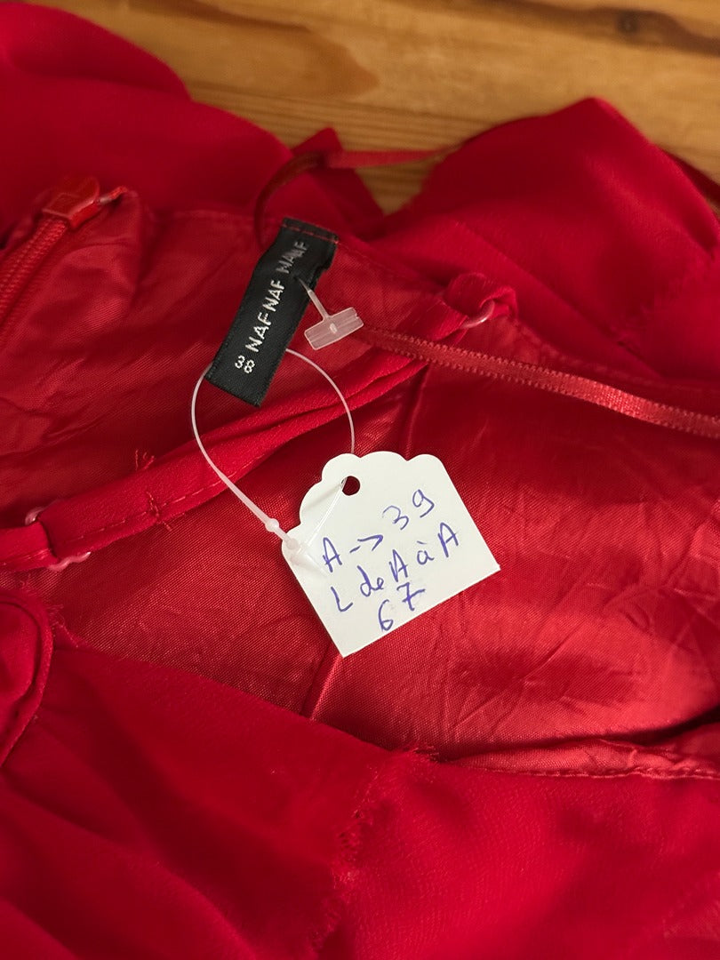 Robe Naf Naf 100% soie rouge volants dos croisé 38 11