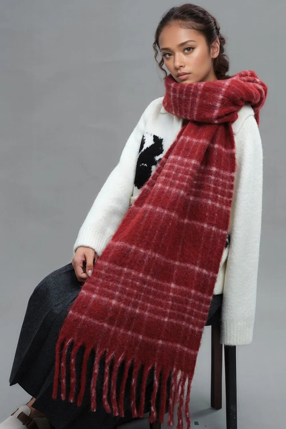 Écharpe chaude à carreaux avec franges, en laine de mouton, 2 coloris 3