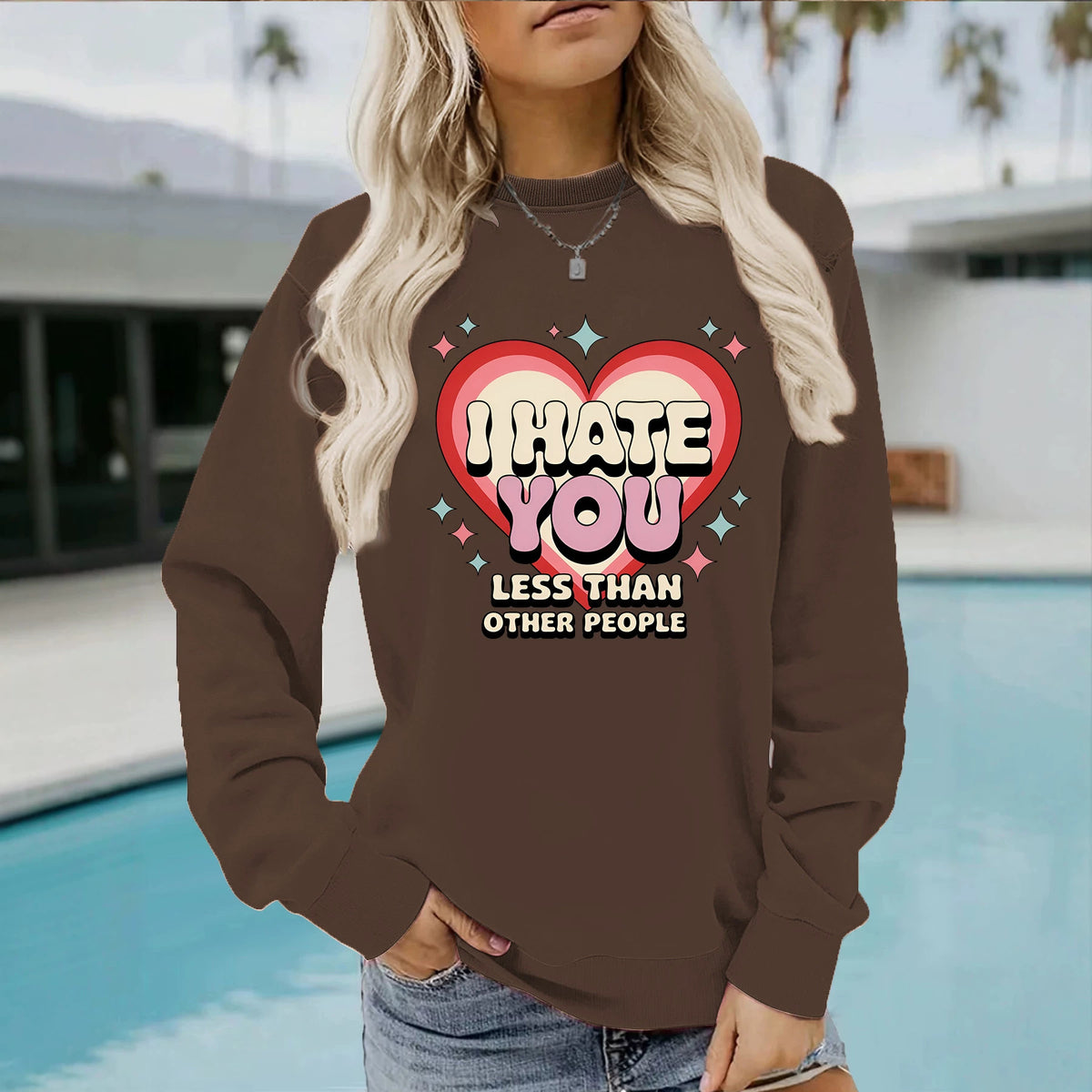 Sweat-shirt col rond style chic citadin, manches lanternes, imprimé thermocollé, pour femme, 3 coloris 3