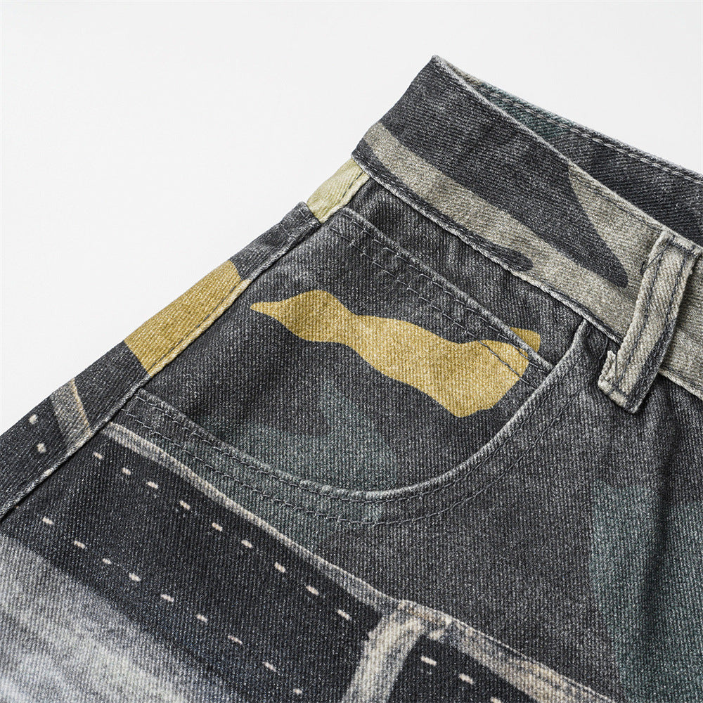 Jean large pour homme imprimé 3D effet usé, style Wasteland, denim déchiré streetwear 4